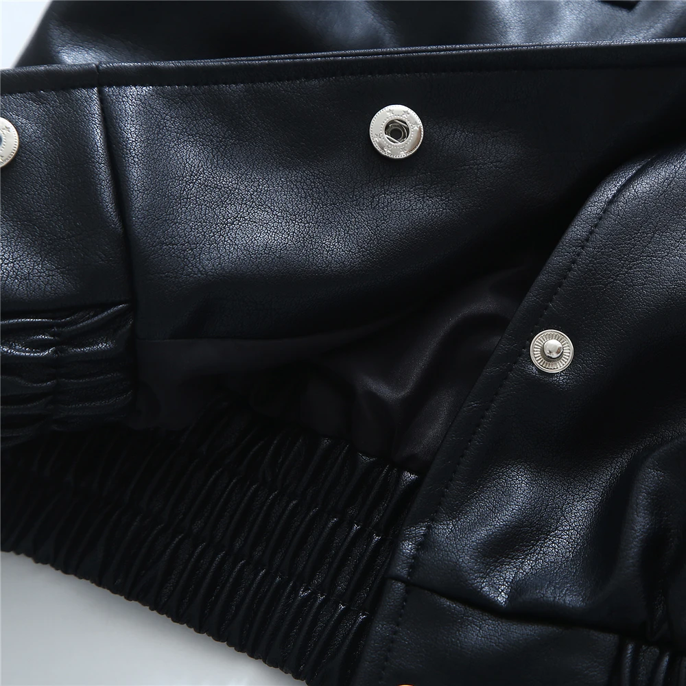 KEYANKETIAN women's black faux leather coat with shoulder pads New street style single breasted PU leather coat with lapels