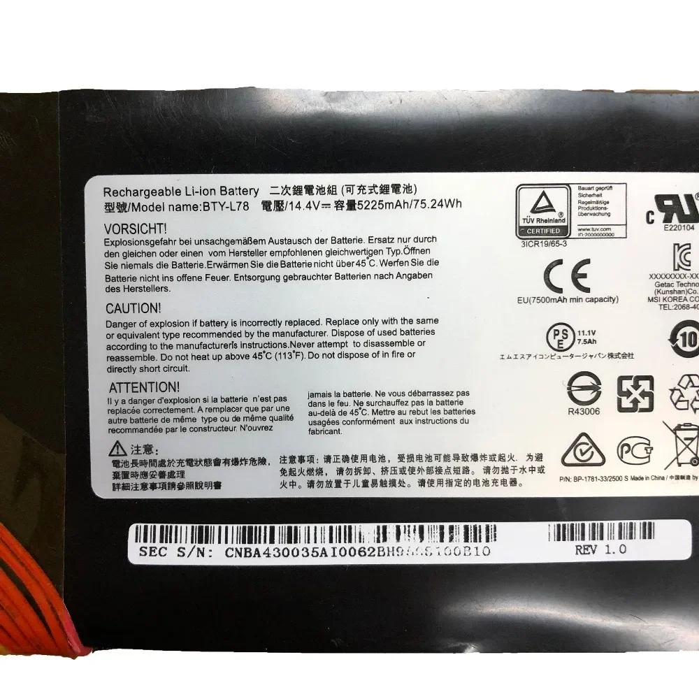 14 4 В 5225 мАч/75 24 Втч BTY-L78 новый оригинальный аккумулятор для ноутбука MSI GT80 2QE-035CN GT73