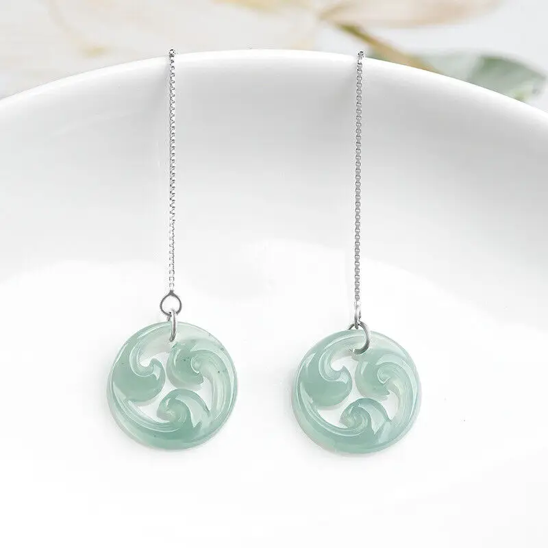 

Бирманские серьги с нефритом и водой, синие натуральные ювелирные изделия из серебра 925 пробы, резные женские серьги