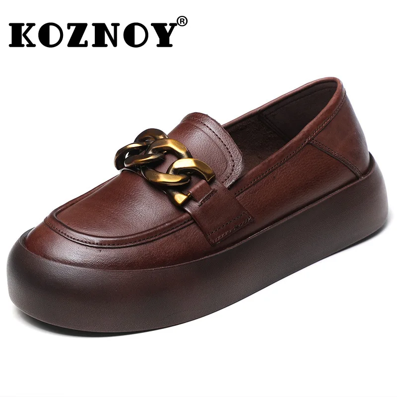 

Koznoy 4cm 2022 Retro Ethnic Genuine Leather Platform Wedge Spring Autumn Summer Comfy Women Round Toe Leisure Slipon Flat Shoes