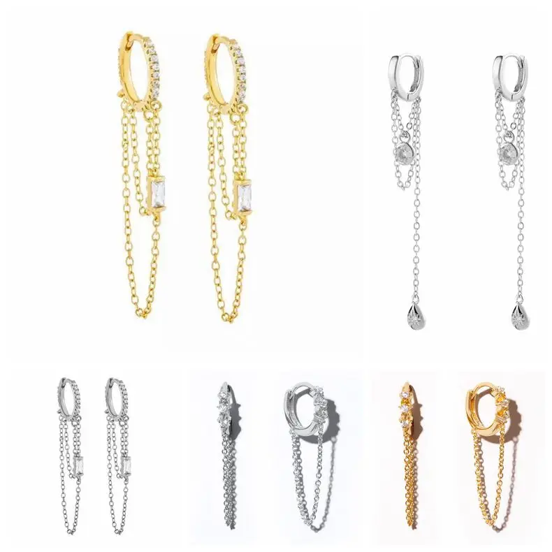 

Серьги-кольца Huggie из серебра 925 пробы с двойной маленькой цепочкой и кисточкой, Модные женские ювелирные украшения для пирсинга