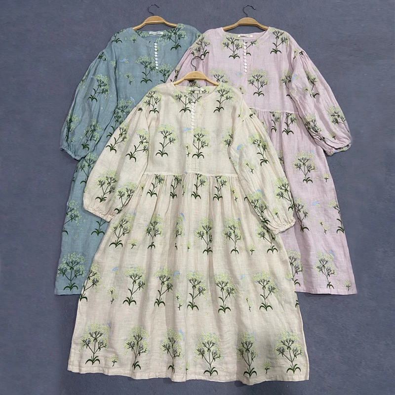 Johnature Vintage Embroidery Floral New Women Dresses 2023 Japanese Mori Linen Loose O-neck Button Female Dress