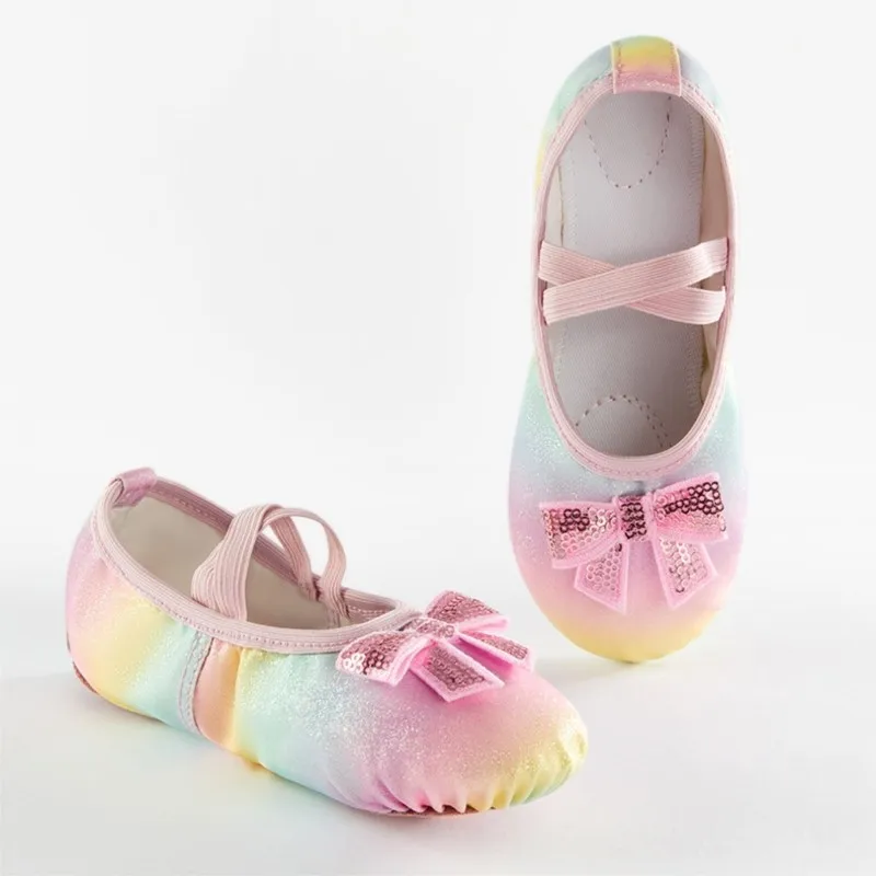 Балетки для девочек с градиентными блестками и бантом детские танцевальные