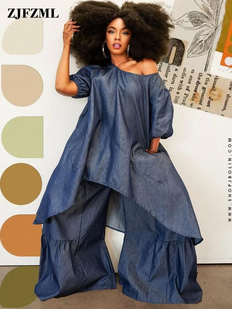 

Асимметричный комплект из двух предметов из искусственной джинсовой ткани, свободная облегающая одежда Y2k, Длинный топ с вырезом лодочкой и широкие брюки, подходящие комплекты, уличная одежда