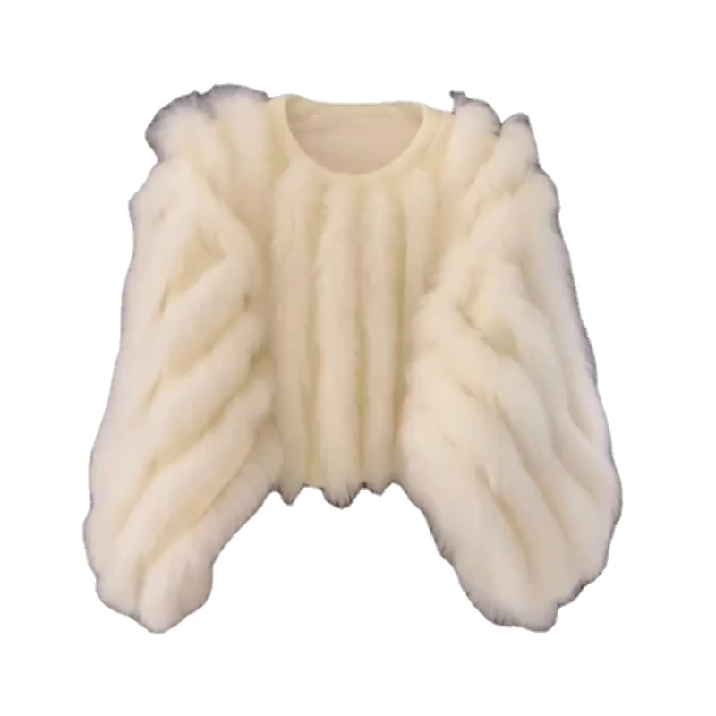 2022 Autumn and Winter Faux Fox Fur Splicing Sweater for Women New Design Korean Style Pullover Short Fur Pull Femme Solid Color