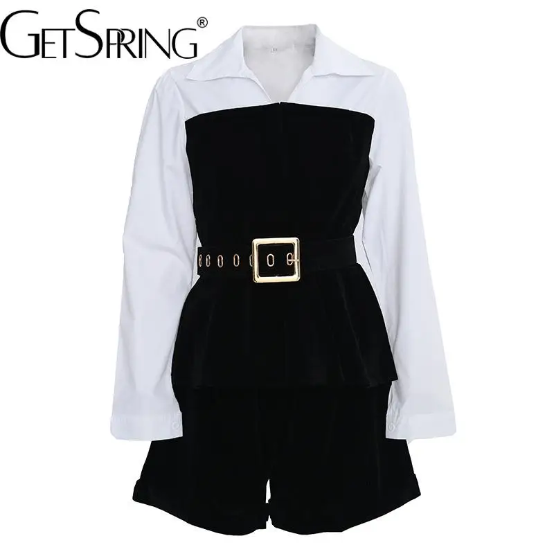 

GetSpring Женский комплект из рубашки и шортов, бархатная женская рубашка с длинным рукавом и подходящие цвета шорты с широкими штанинами, компл...