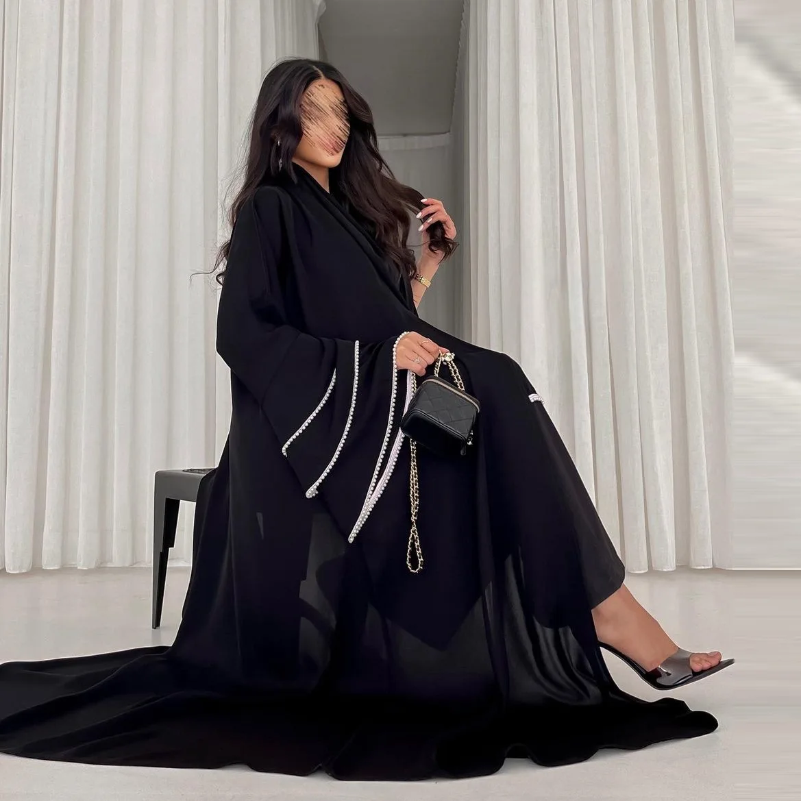 Ид из бисера Абая Дубай Роскошные черные абайи для женщин Кардиган Мусульманское