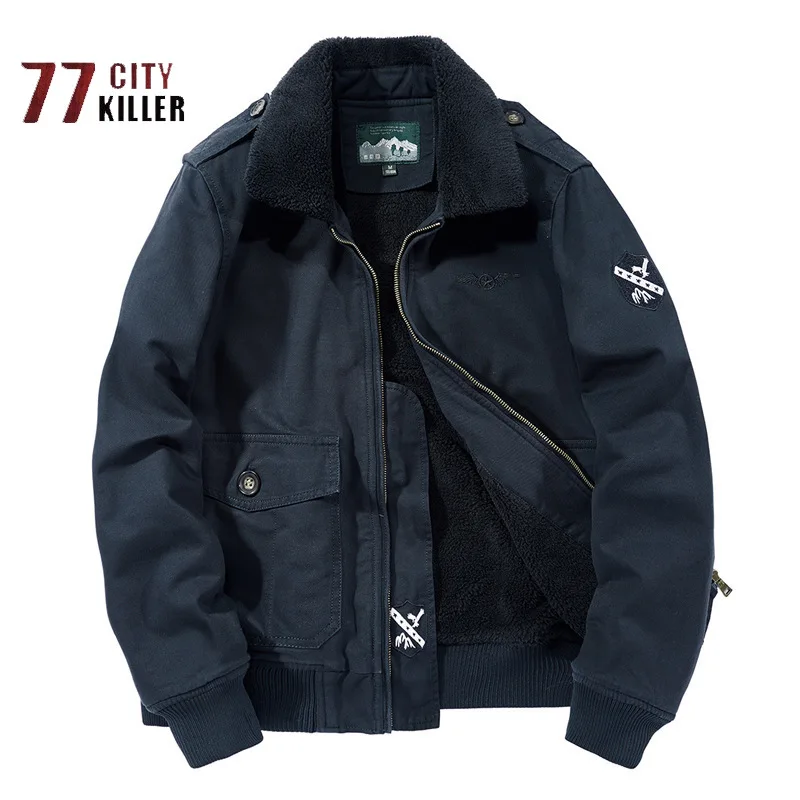 Men's Casual Large Size Cotton Parkas Dark Blue Fleece Thick Lapel Zipper Jacket Men's Large Pocket Windproof Warm Cotton Jacket