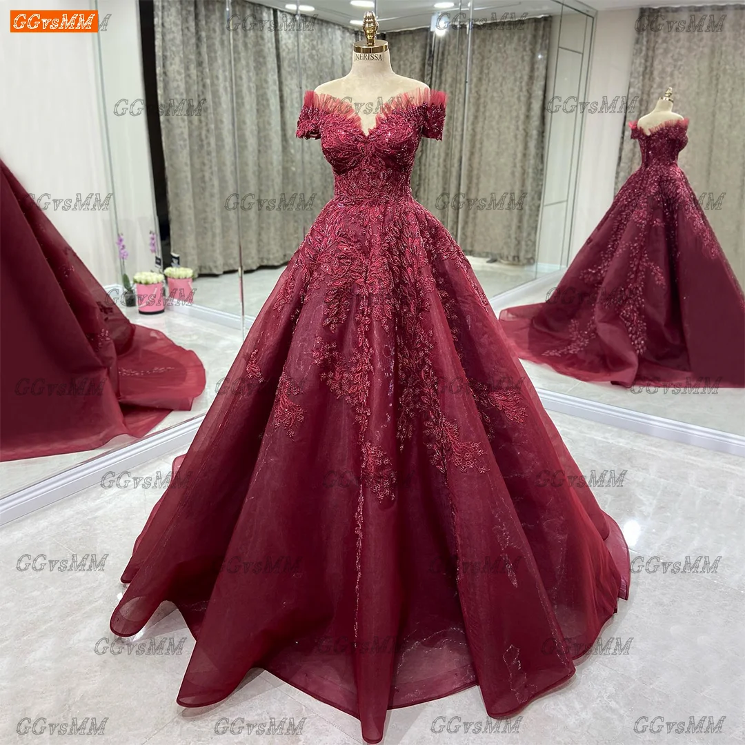 

Luxury Beading Evening Dresses 2022 Lace Up Robe De Soirée De Mariage Appliqued Women Party Dress Burgundy Abiye Gece Elbisesi