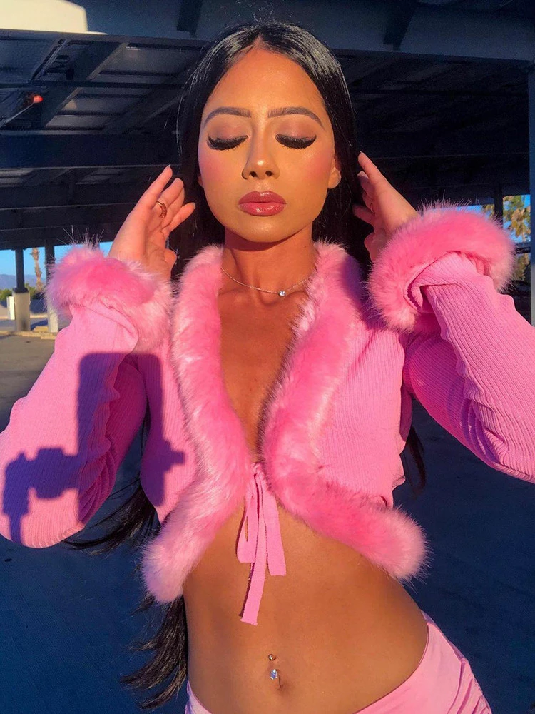 

2022New Pink Sweet Cute Y2K Cropped Jackets Feather Fairycore Kawaii Tie Up Cardigan Shirts Women Long Sleeve Slim Sweats Tops