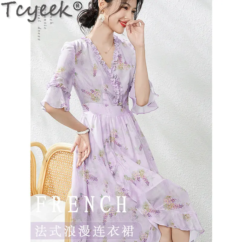 Tcyeek Summer 100% Real Mulberry Silk Dress 23 Fragmented Silk Dresses Summer Show Waist Long Dress High End Fairy Dress Vestido