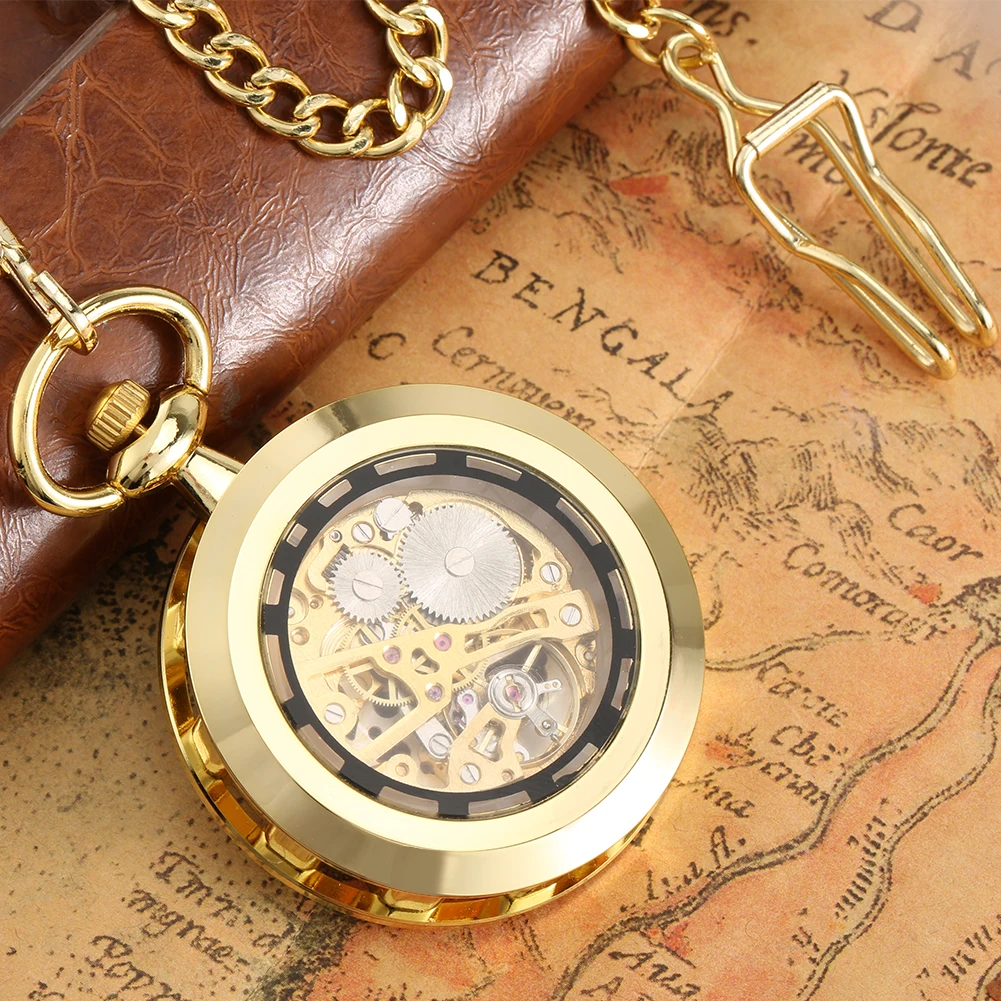 Roman Numerals Display Open Face Manual Mechanical Pocket Watch Gold Fob Chain Men Transparent Hollow Hand-Winding Pocket Clock