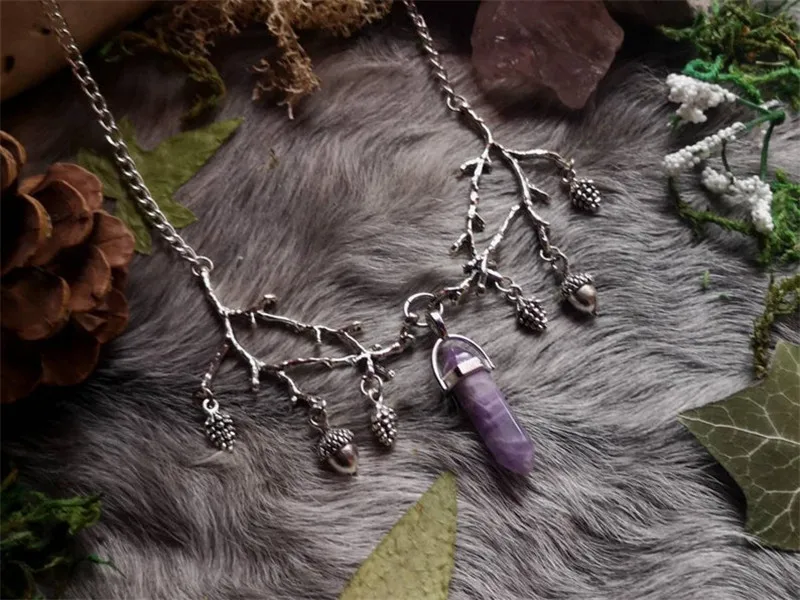 

Gothic Witch Crystal Branch Necklace Pine Cone Pendant Forest Jewelry Gothic Branch Jewelry Wedding Magic Witchcraft Pagan Gift