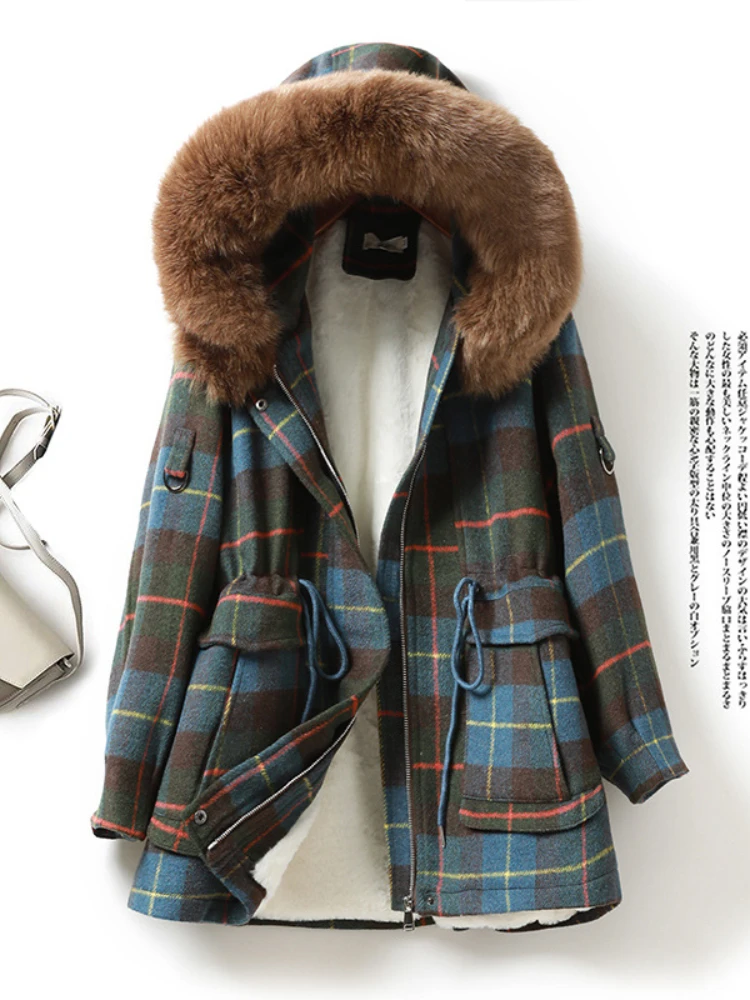 Foreign Trade Winter Hooded Large Fur Collar Cotton Clothes Fleece Plaid Cinched Cotton-Padded Coat Mid-Length Hooded Zipper enlarge