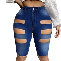 women hole cropped jeans women high waist casual zipper fly hollow out knee length jeans streetwear denim shorts fashion pants