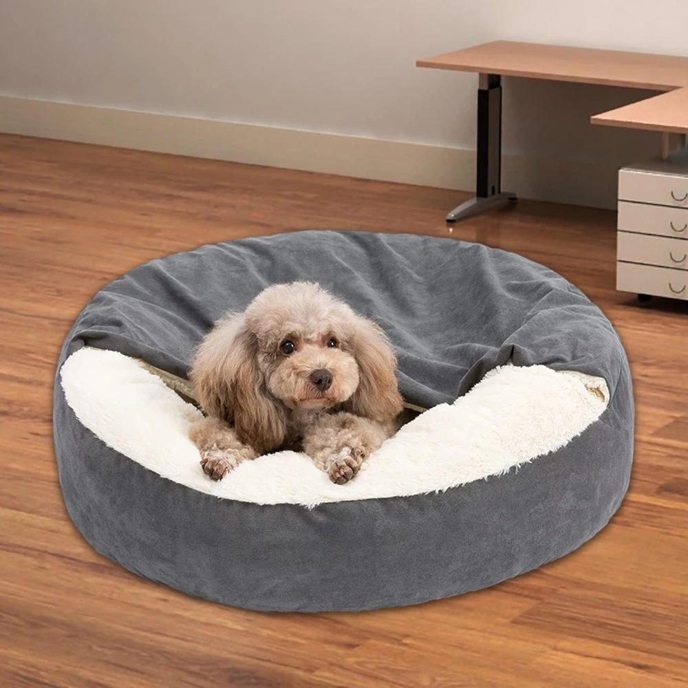 Semi Enclosed Dog Bed Plush Warm with Hooded Blanket Cat Nest Dog Cushion Bed for Small Dogs Cozy Sleeping Bag Cat Burrow