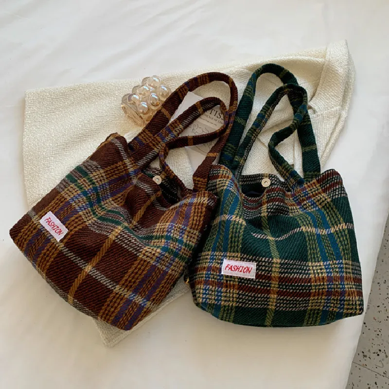 

Tote Women's Bag Shoulder Wool Shopper Bags for Women Large Capacity Autumn Winter New Soft Plaid Ladies Travel Designer Handbag