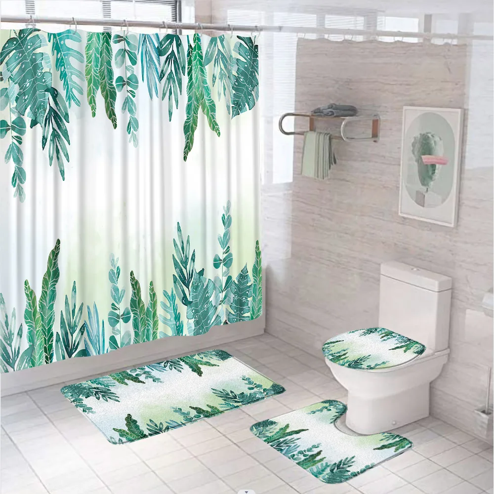 

Watercolor Green Leaves Shower Curtain Sets Tropical Botanical Bathroom Curtains Non-Slip Bath Mat Pedestal Rug Lid Toilet Cover