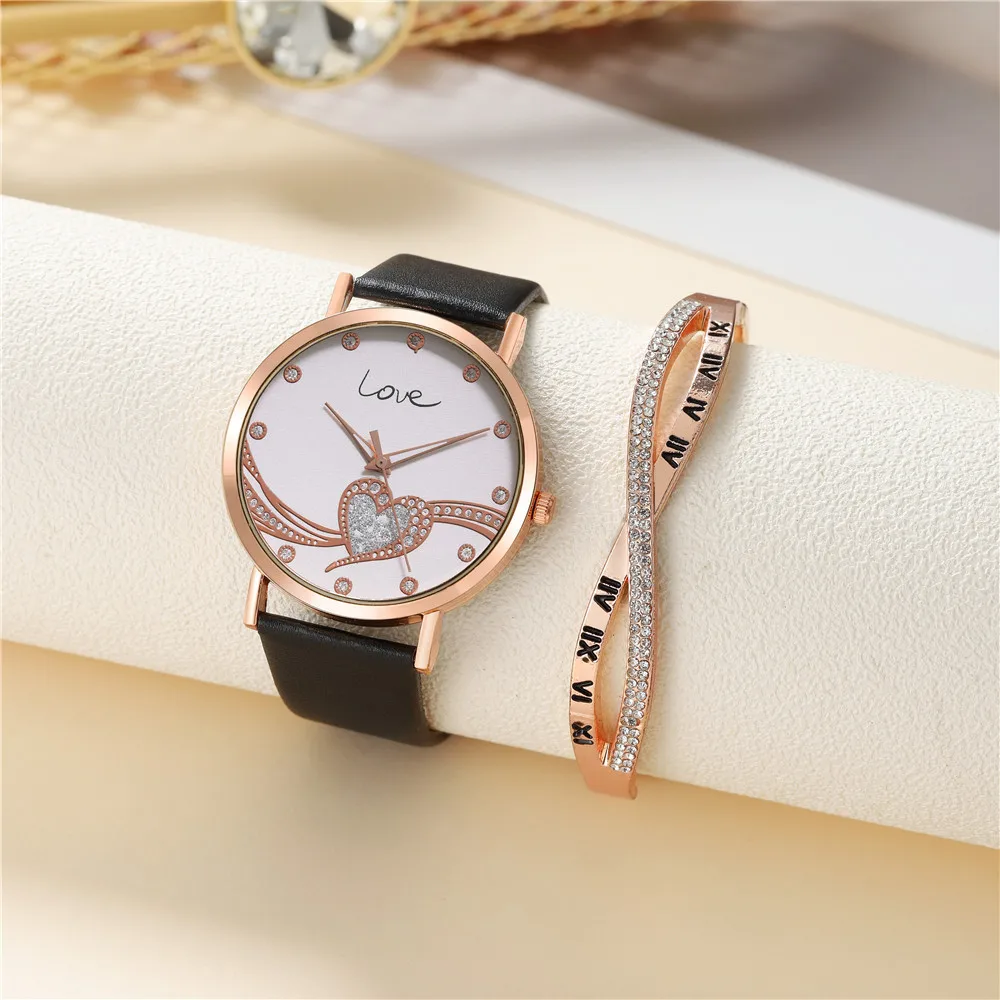 Fashion 2023 Women's Brands Quartz Watches Simple Crystal Heart shape Love Design Ladies Watches Black Leather Luxury Gift Clock
