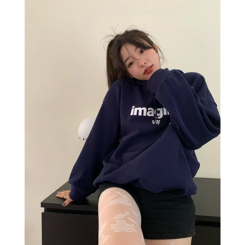 Женский свитшот с капюшоном темно-синий мешковатый пуловер длинным рукавом и