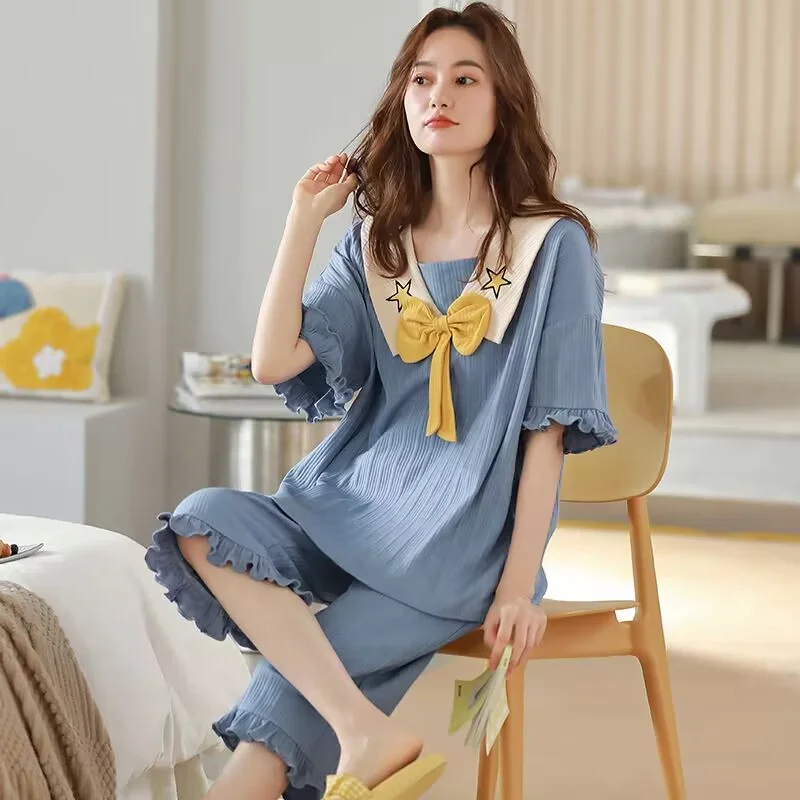 Summer Pajamas Set Short Sleeve Tops Shorts 2Piece/Set Spring Casual Sweet Cartoon Pyjama Big Size Homewear Cozy Sleepwear