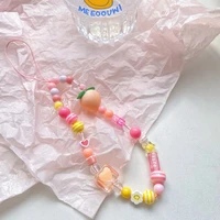 fashion resin fruit peach beaded lanyard diy handmade mobile phone chain decoration cute original pink bracelet accessories gift