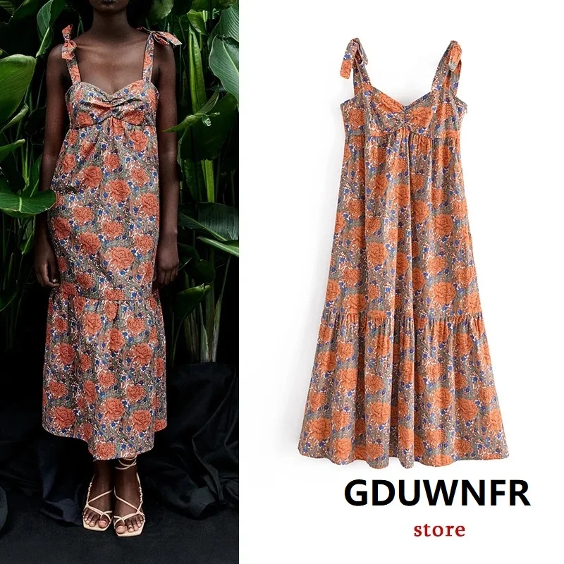 

Za Beach Summer Dress Women Stain Flower Print Bow Cami Maxi Dress Fashion 2022 Chic Vintage Mujer Vestidos