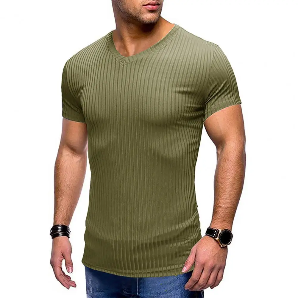 

Men's T-shirt Explosion Models Large Size Men's V-neck Stretch Solid Color Short Sleeve Youth Base Shirt Factory Direct Vest