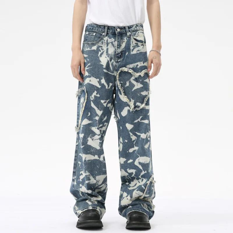 Мужская одежда осень 2024 уличные джинсы с принтом Love трендовые джинсовые брюки в