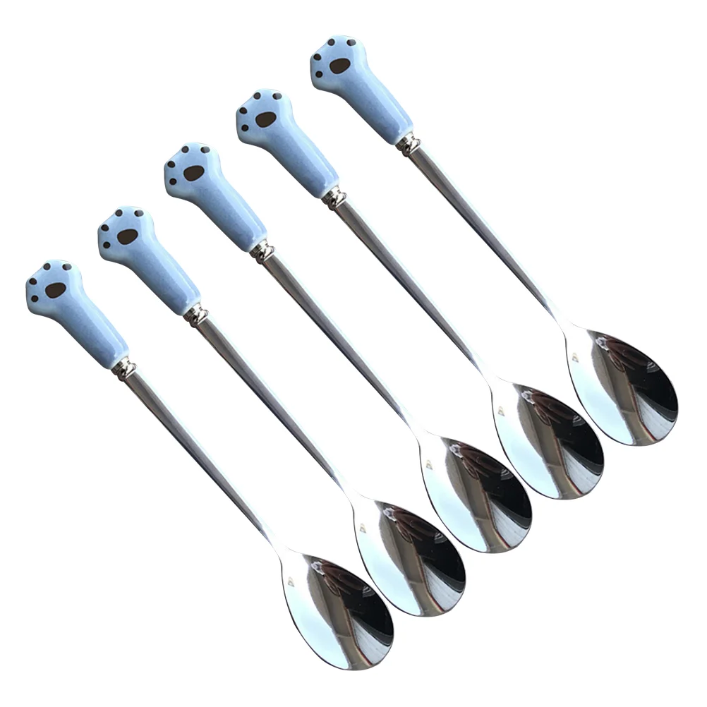 

5pcs Stainless Steel Spoon with Ceramic Cat Claw Handle Cartoon Cutlery Coffee Dessert Spoon )
