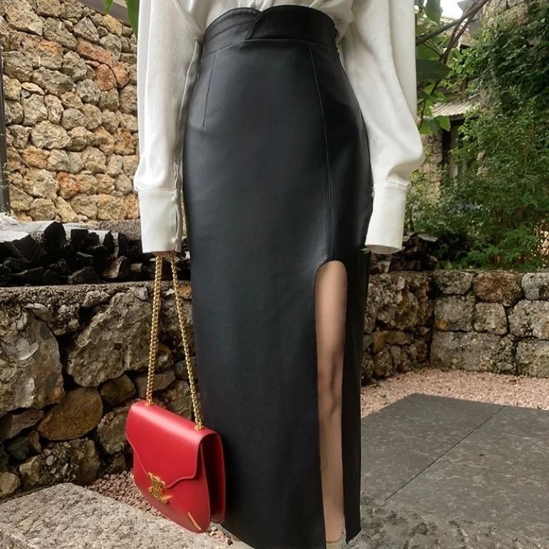 

Женская юбка из искусственной кожи с разрезом, яркая черная юбка с высокой талией для поездок