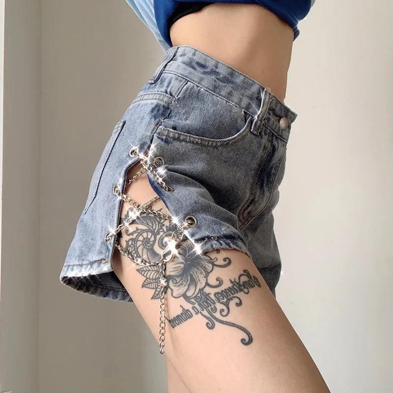 Harajuku Denim Shorts with Chain Summer Women Sexy Solid Colors High Waist Straight Shorts Y2k Streetwear Buckle Wear Slim Split