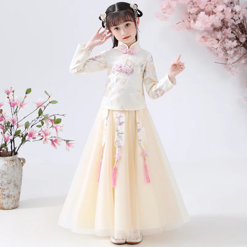 Детский осенний костюм ханьфу в китайском ретро-стиле с вышивкой бахромой