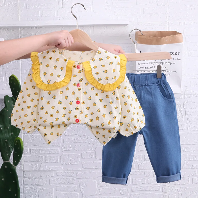 

Autumn Baby Girl Clothes Sets For Kids Casual Outfits For Girls Small Flowers Lapel Cardigan Long Sleeve Shirt Pants 2piece 1-4Y