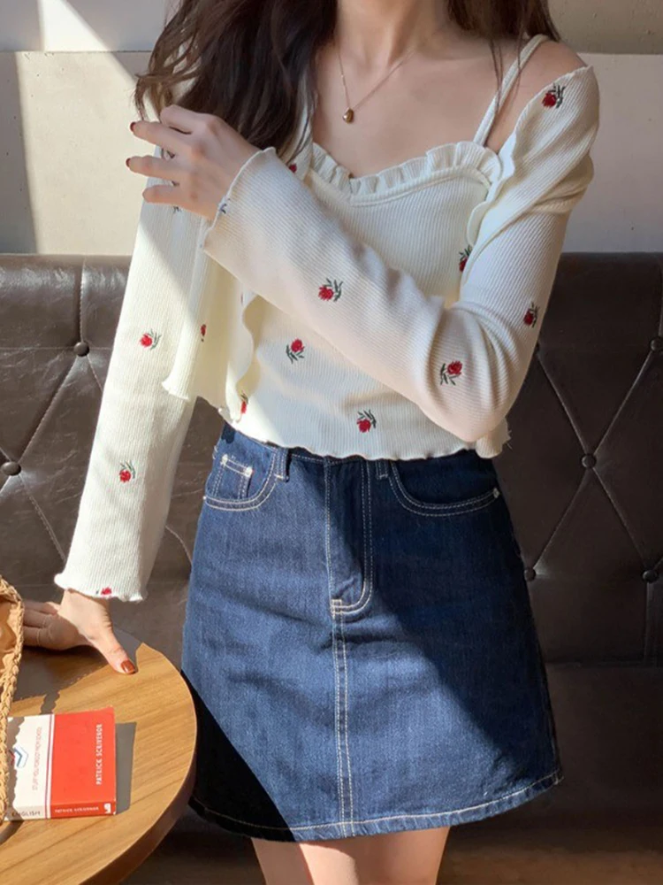 

Nomikuma 2022 New Spring Flower Embroidery Women Cardigans Korean Sweet Chic Tank Top and Knitted Cardigan 2 Pcs Sets Outfits