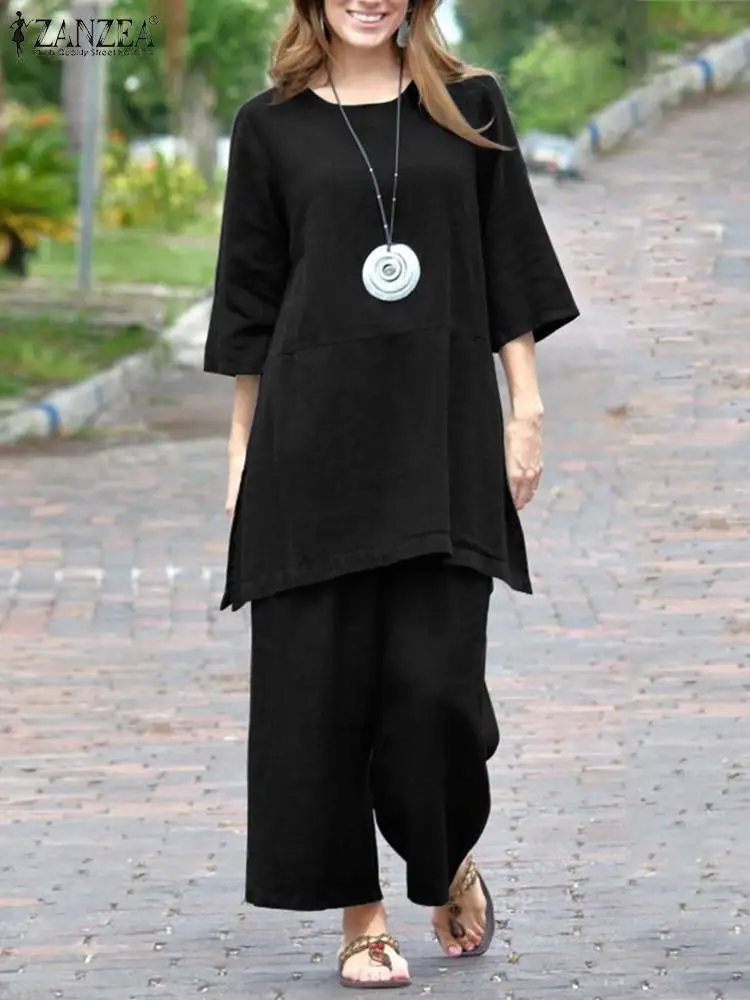 

Костюм ZANZEA женский из двух предметов, модный топ с рукавом 3/4, одежда, длинные брюки с широкими штанинами, повседневный свободный костюм с эл...