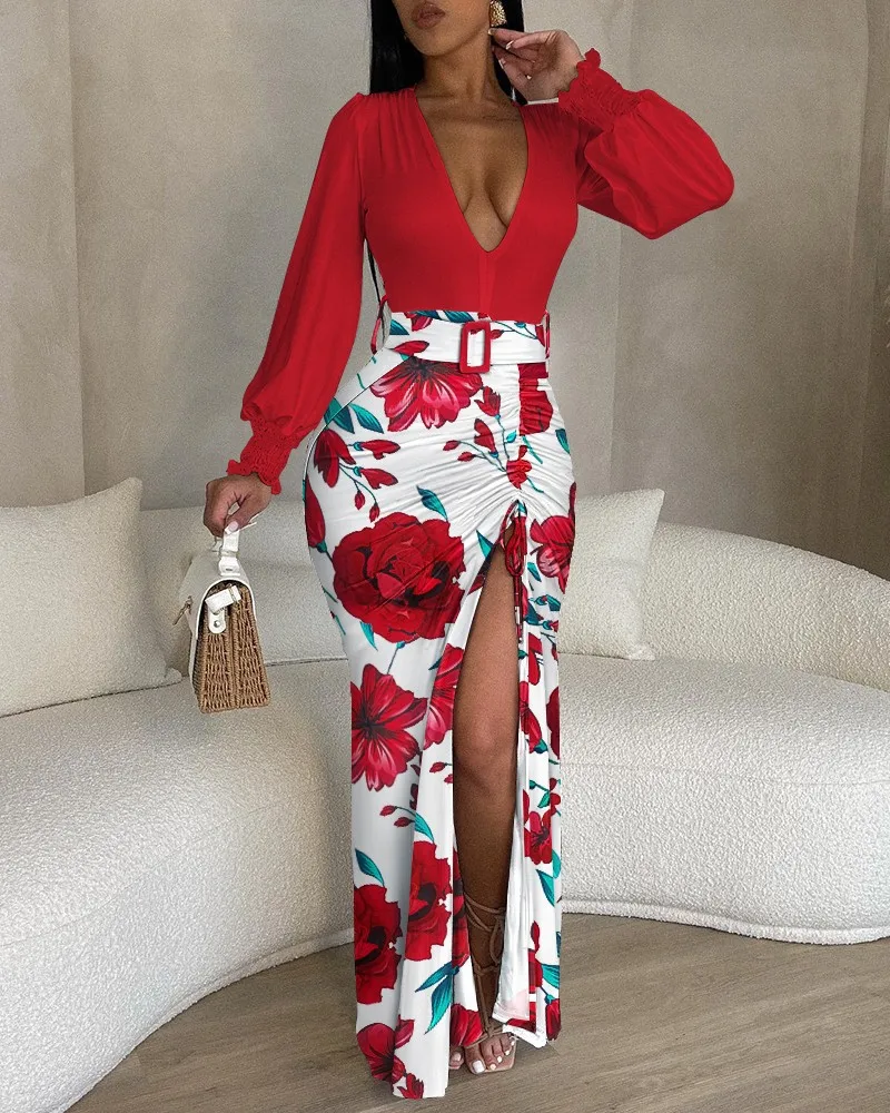 

Women Sexy Deep V-Neck Print Split Bodycon Slim Dress Lantern Sleeves High Waist Belt Slit Dress New Fashion Casual Folds Dress
