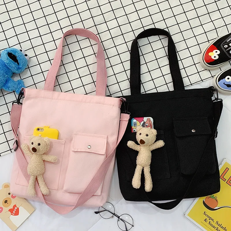 

Canvas Bag with Bear Shoulder Messenger Girl Backpack College Students Class Large Capacity Female Messenger Crossbody Bag