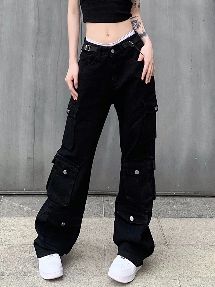 

Goth Aesthetic Women Cargo Jeans Low Waist Casual Korean Fashion Black Denim Trousers y2k Hip Hop Streetwear Baggy Pant
