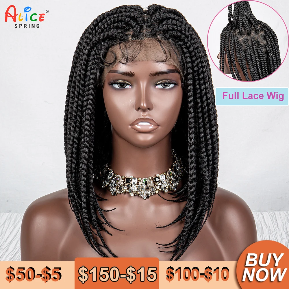 14 Inches Short Bob Braided Wigs Synthetic Full Lace Wigs for Black Women Knotless Box Braids Synthetic Lace Front Wigs