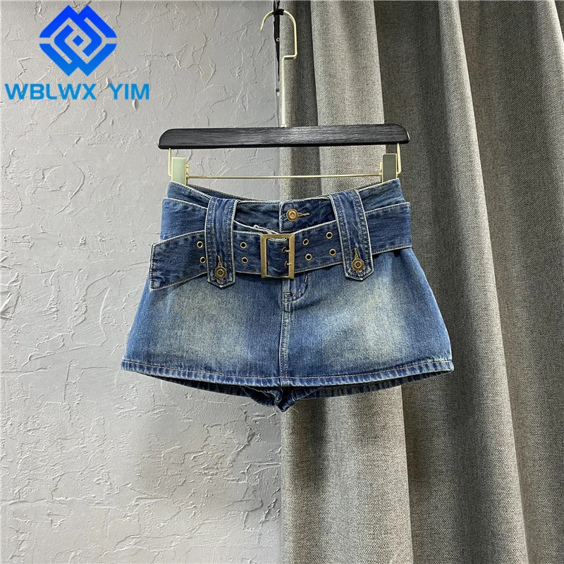 

Летние женские джинсовые шорты с высокой талией, юбка, Модная Джинсовая трапециевидная юбка с карманами, Женская облегающая мини-юбка на бе...