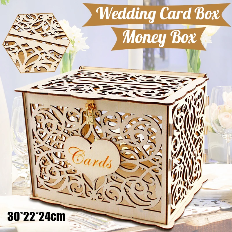 Wooden Couple Money Boxes With Lock Hollow Floral Pattern Wedding Decor Gift Envelope Birthday Supplies