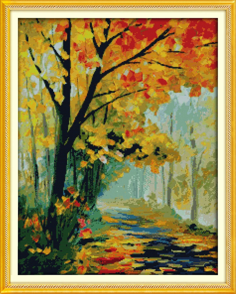 

Joy Sunday Pre-printed Cross Stitch Kit Easy Pattern Aida Stamped Fabric Embroidery Set-Autumnal Scenery (3)