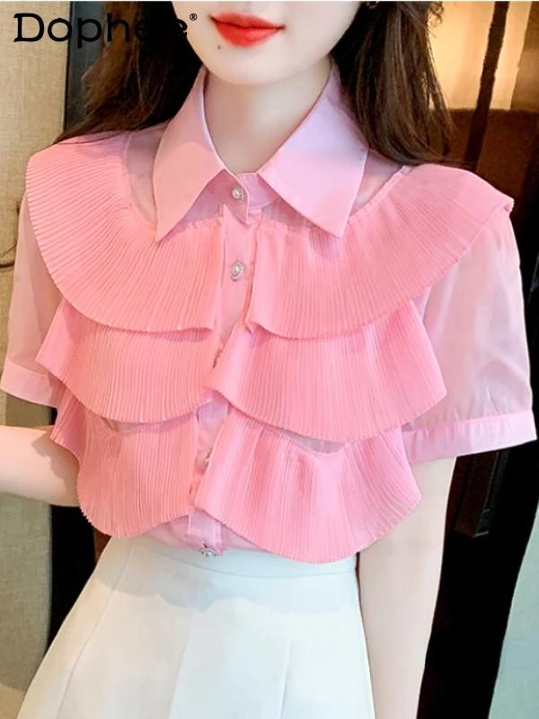 

Summer Short-Sleeved Chiffon Shirt for Women 2023 New Beautiful Ruffled Loose Chic Top Pink White Bluuses Femme