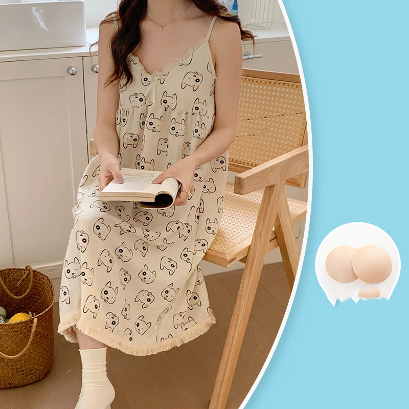Suspender Women's Nightdress Summer Thin Pure Cotton With Chest Pad Lace Edge Large Size Home Clothes Nightdress Free Shipping