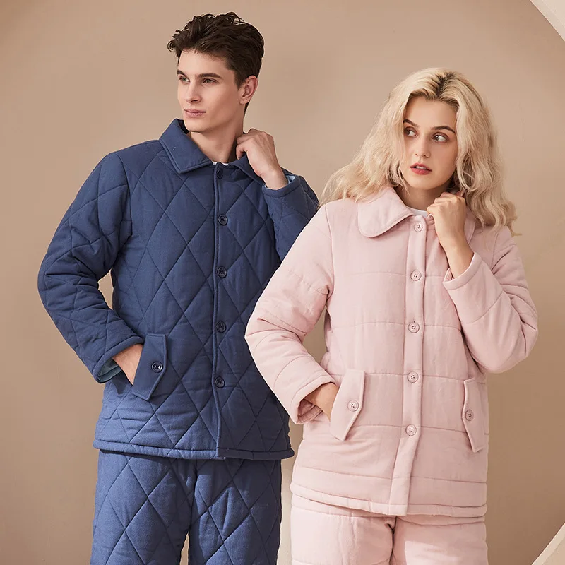 Cotton Three-Layer Padded Quilted Pajamas Women's Winter Solid Color Outerwear Autumn Winter Couple Homewear Men's