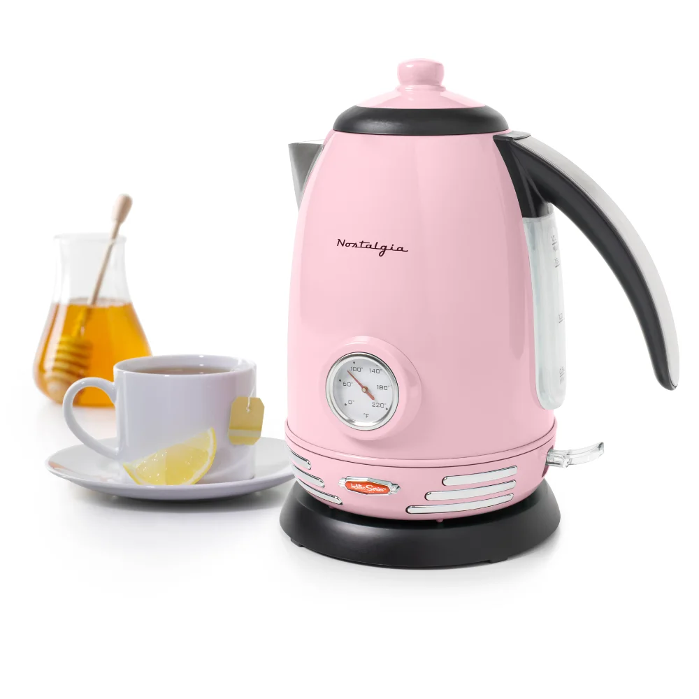 

Nostalgia WK17AQ Retro 1.7-Liter Stainless Steel Electric Water Kettle with Strix Thermostat, Pink Tea Kettle Smart Kettle