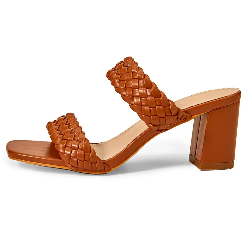 Summer Women Twist Weave Designer Slippers Casual Outdoor Thick High Heels Fashion Square Toe Ladies Slides Shoes