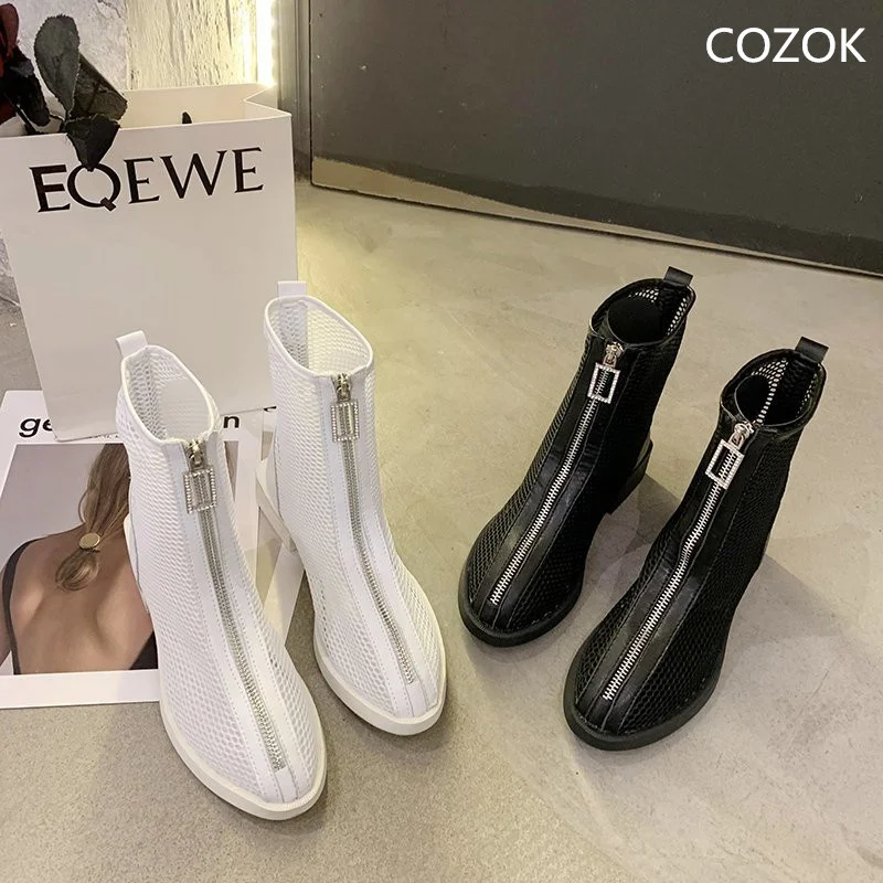 

Women's Boots Trend 2023 Round Toe Casual Front Zipper Mesh Hollowed-out Black Elegant Woman Shoes with Low Heels Ladies Shoes