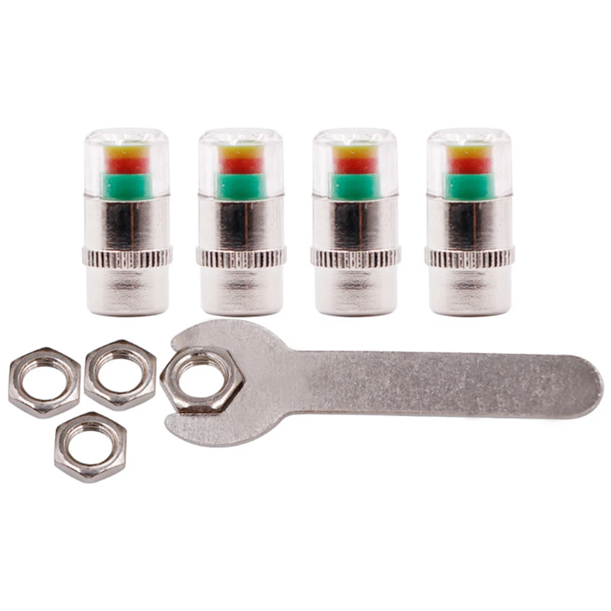 

4pcs 36PSI/2.4Bar Tire Pressure Caps with Nuts Wrench Visible Tire Pressure Monitor Valve Caps for Cars Motorcycles Bicycles